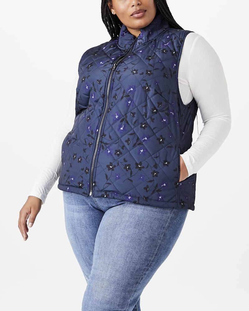 Front of plus size Araluen Printed Quilted Vest by Molly&Isadora | Dia&Co | dia_product_style_image_id:144406
